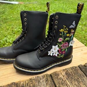 Dr. Martens Black Combat Boots with Floral Embroidery